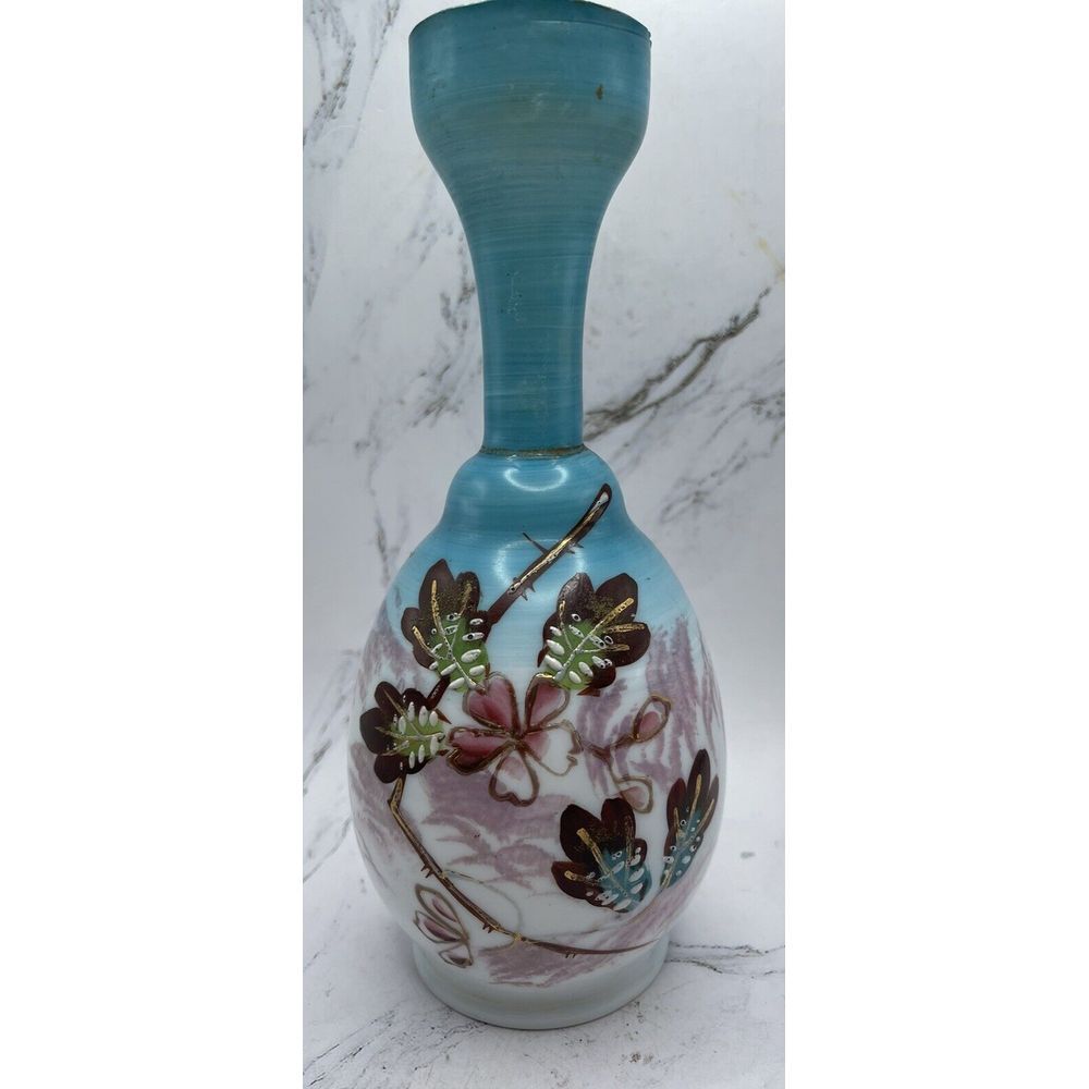 Milk Glass Hand Painted Bud Vase Flowers & Leaves 8‎ Inches Tall